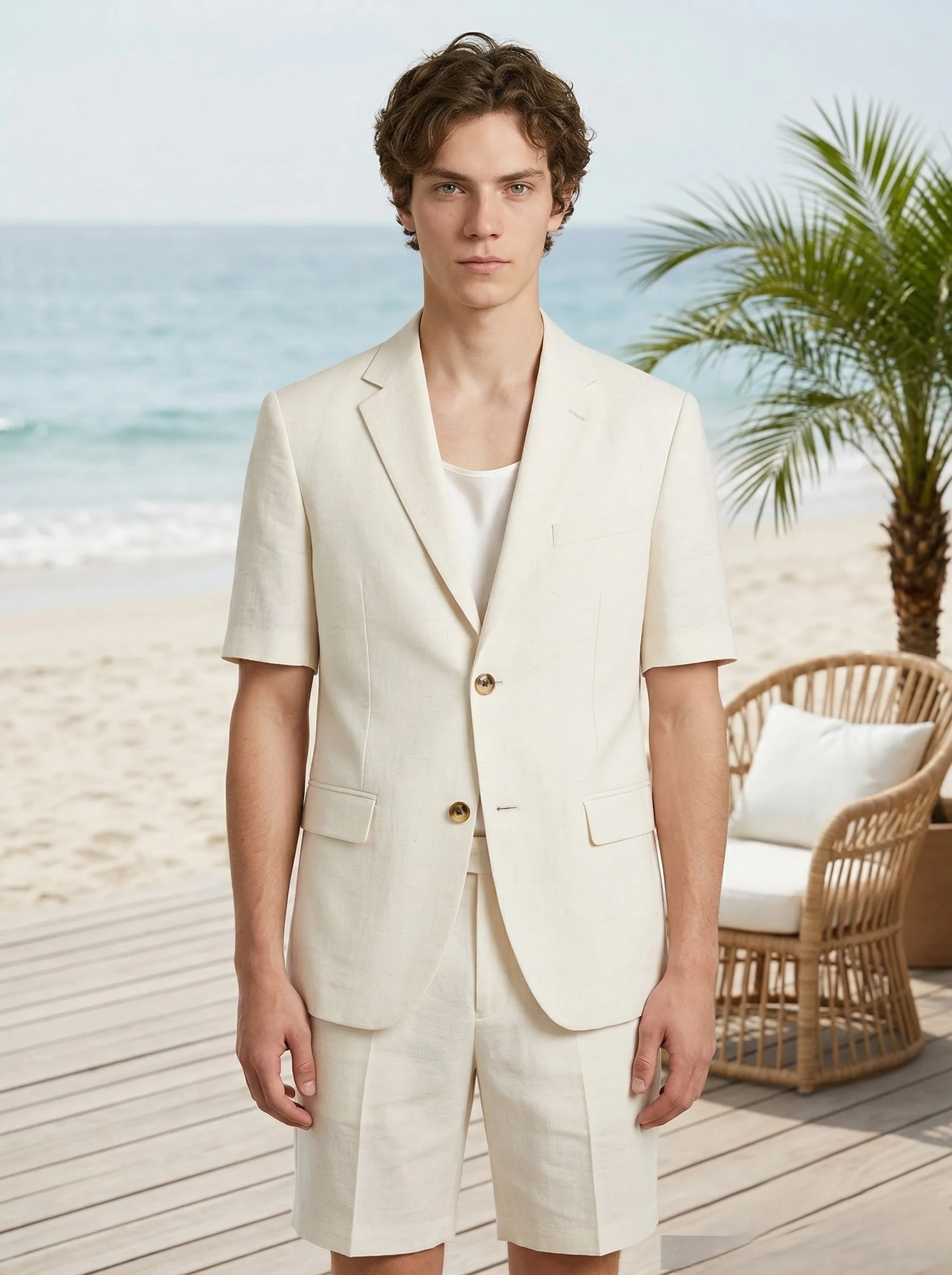 

Men's Summer Linen Blend Short Sleeve Suit, Off White Blazer & Shorts Set for Casual, Wedding, Vacation & Office