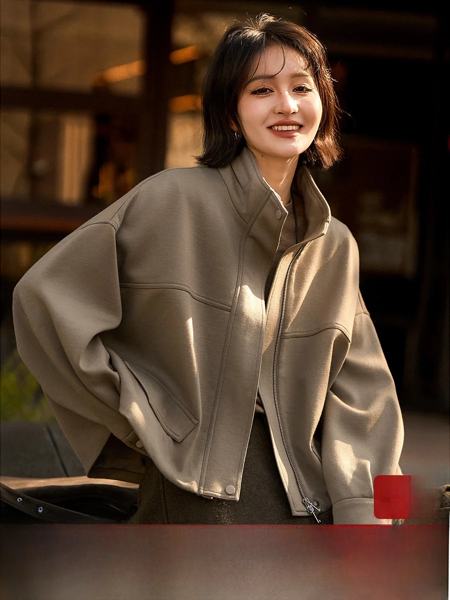 

XiaoHanGe OAL Sle Woolen Coat Soft Weave Casual Stand Collar Drapey Warm Pure Wool Texture Long Sve Zipper Closure Women...