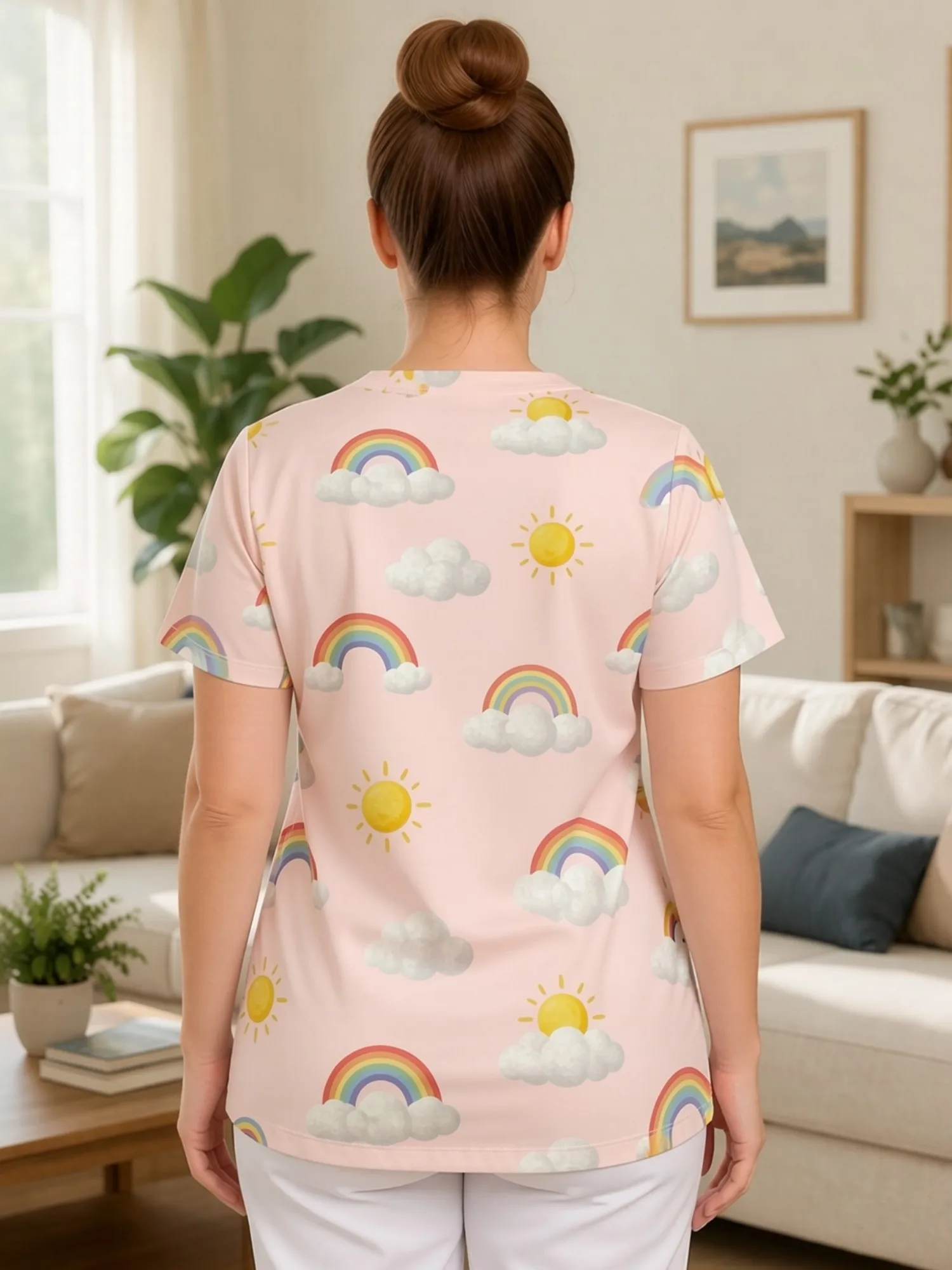 Womens Classic V Neck Nurse Uniform Top With Functional Front Pockets Modern Floral Pattern Casual Fit Relaxed Fit For Home Care