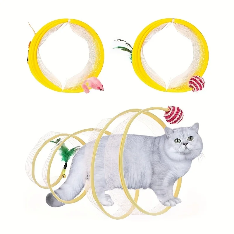 2 Piece Cat Tunnel Tube Collapsible Toys, Large Size Pet Interactive Toys, S-Shaped Cat Tunnel Toys, Portable Feather Toy Tunnel