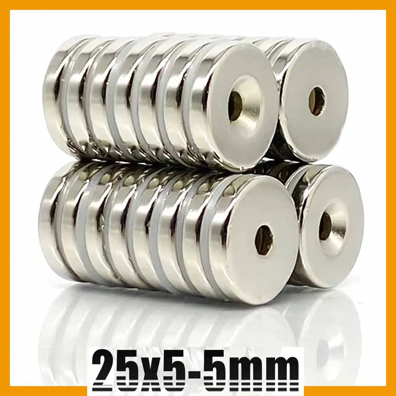 25x5-5mm 2/5/10/20/50/100Pcs Strong Round NdFeB Permanent Magnets 25*5mm Hole 5mm Countersunk Neodymium Magnetic Magnet 25*5-5mm