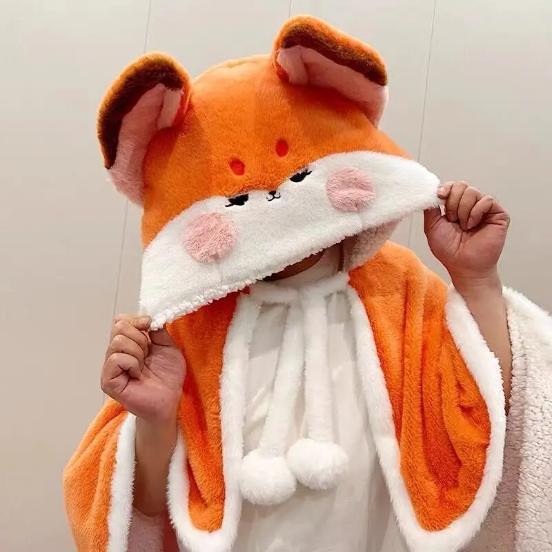 

Lovely Fox Plush Soft Cloak Nap Blanket Kawaii Fox Cape Cartoon Cloak Coral Fleece Air Blankets Birthday Valentine X-Mas Gifts