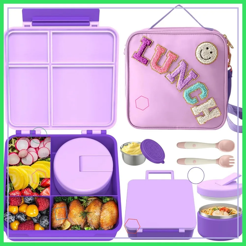 

Kids Leakproof Bento Lunch Box Set with 8oz Soup Thermo, 4 Compartment Food Container & Insulated Bag for School Travel