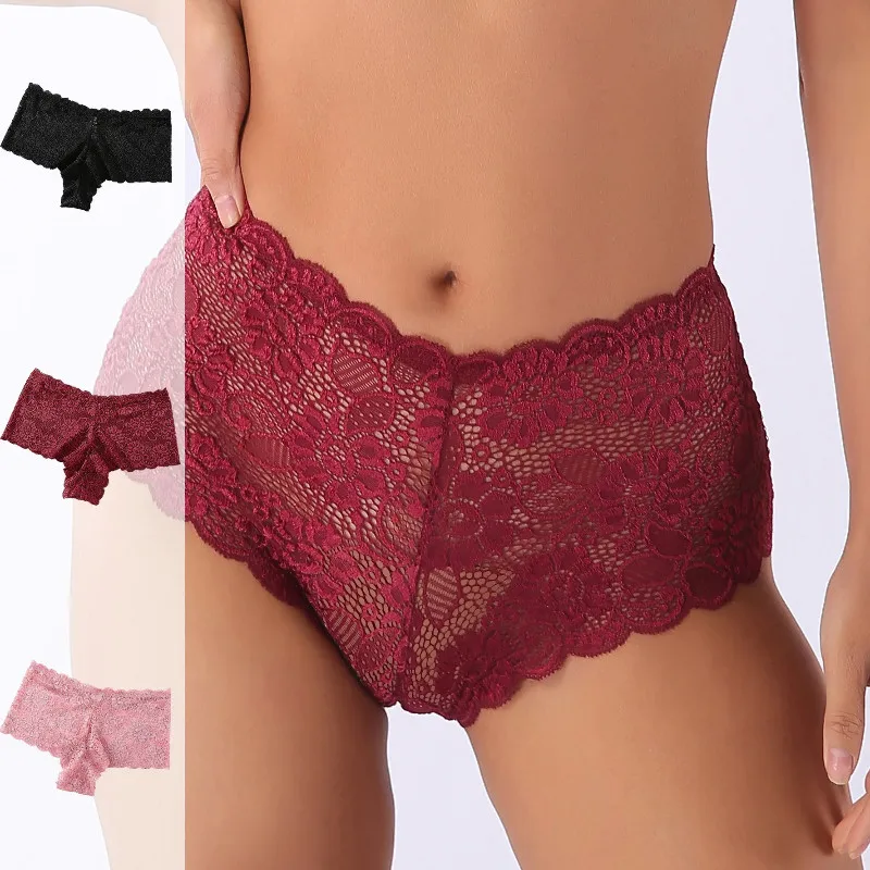 

3PCS Women Lace Panties Sexy Floral Perspective Underwear Solid Color Underpants V Waist Female Breathable Intimates Lingerie