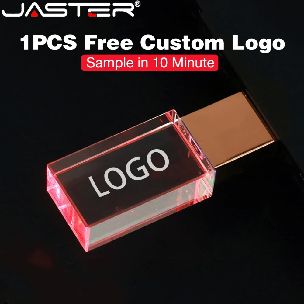 JASTER-Clé USB 3.0 en cristal avec logo personnalisé gratuit, clé USB avec lumière LED pour document, cadeau créatif, 32 Go, 64 Go, 128 Go