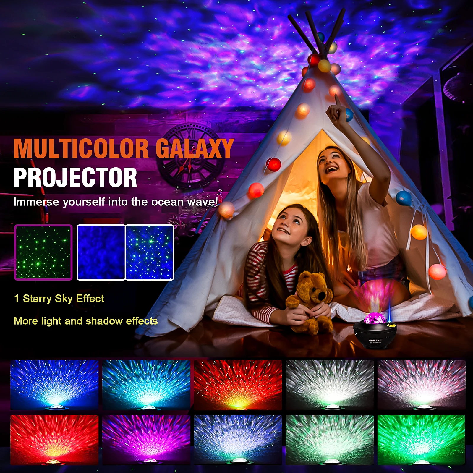 Ocean Projector Galaxy Star Wave Night Light Bluetooth with Music Speaker Remote Control Projector for Home Bedroom Decoration