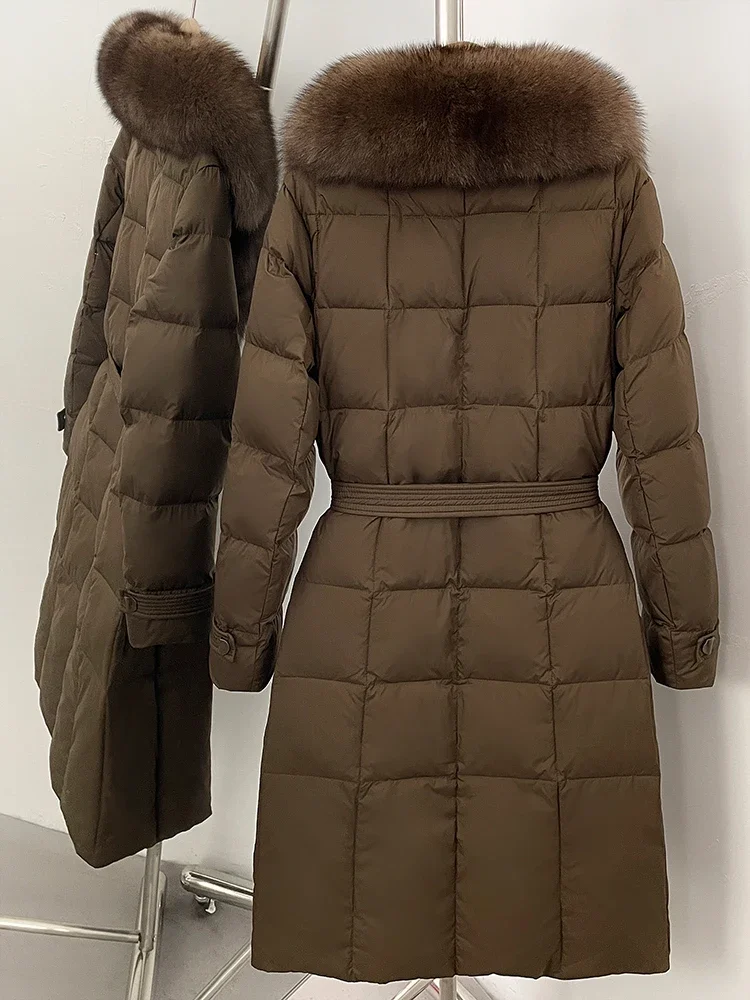 2025 New Winter Female Real Fox Fur Long Clothes Women Luxury Fashion Puffer Jacket Belt Thickened Warm Natural Fur Duck Down