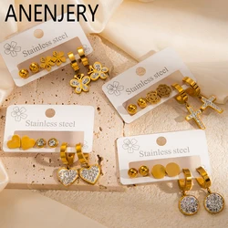 ANENJERY 316L Stainless Steel 6 Pieces Zircon Round Flower Star Heart Moon Earrings For Women Fashion Temperament Jewelry Gifts