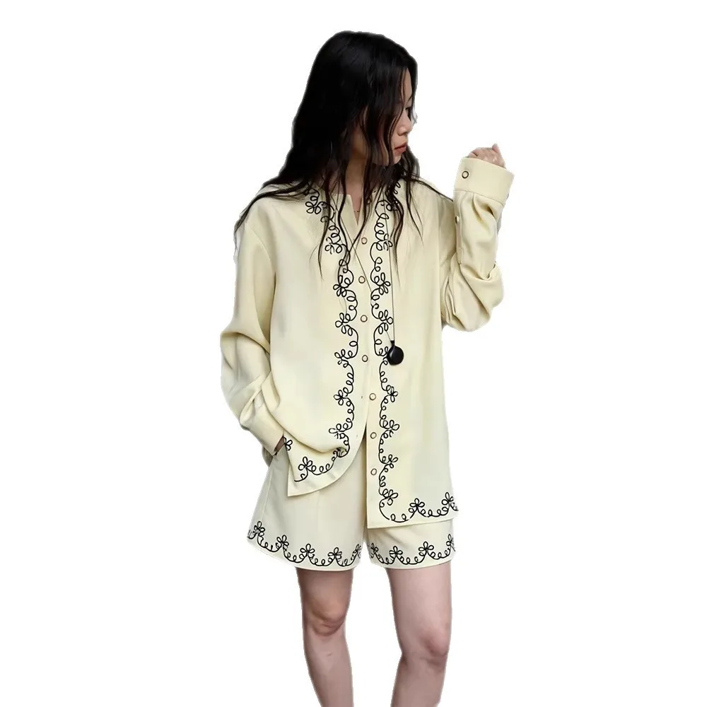 Casual Printed Set with Japanese Korean Casual Long Sleeve Floral Pattern Shirt and Women Shorts for Spring Summer Autumn