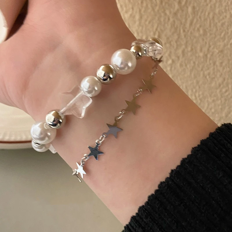 Harajuku Crystal Star Pentagram Pearl Beaded Bracelet for Women Vintage Aesthetic Charm Double Layer Chain Bracelet Jewelry Gift