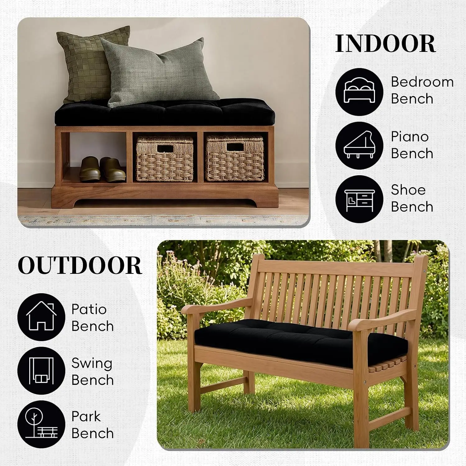 Black Waterproof Patio Bench Cushion 42x16x4, Non-Slip Bottom, Indoor/Outdoor, Plush Hybrid Filling