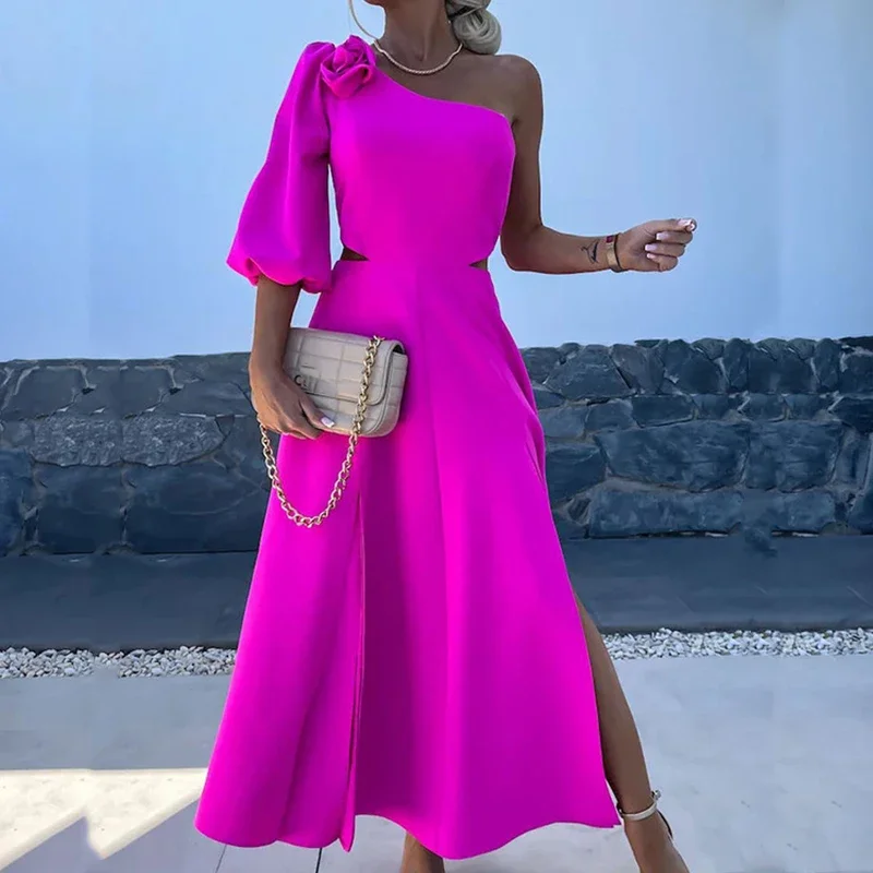 Sexy Cold Shoulder Flower Solid A-line Dress Elegant Spring Puff Sleeve Split Long Dress Women 2024 Waist Hollow Party Dress