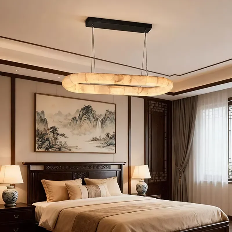 Living Room Hanging Linear Glass Marble Pendant Natural Modern LED Chandelier Dimmable Project Installation Adjustable Height