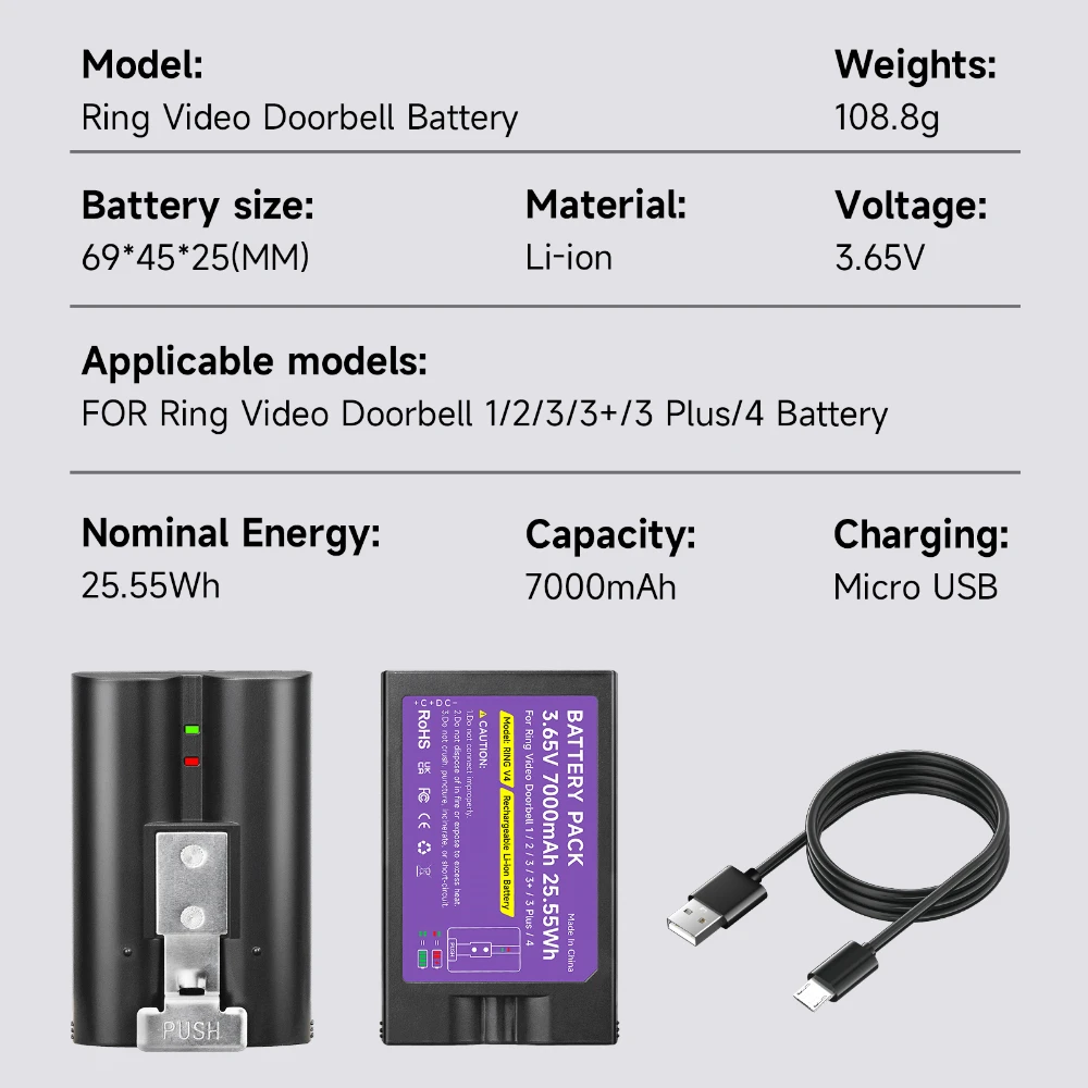 CITYORK 7000mAh Battery For Ring Video Doorbell 1/2/3/3+/3 Plus/4 , 3.65V Cam Replace Li-ion Rechargeability Battery