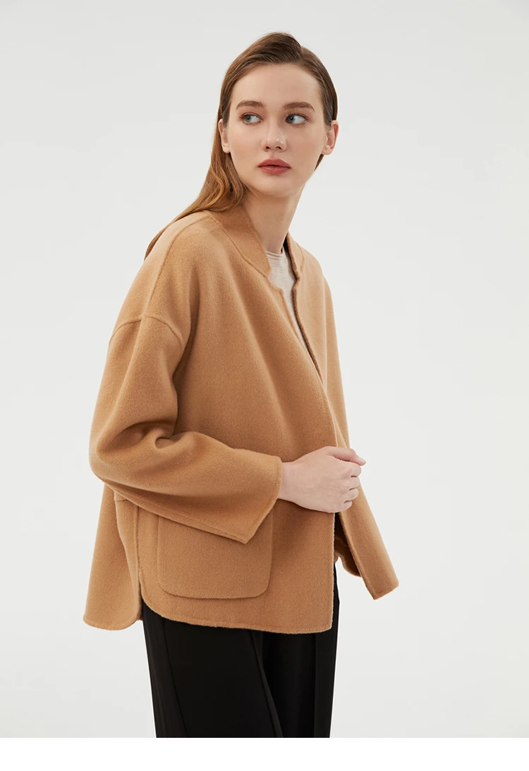 CAIXINGLE Herbst- und Winterneuer Damenmantel 100% Reine Wolle Wendbarer Wollmantel Stehkragen Schwalbenschwanz-Damen-Crop-Top – Detail 8