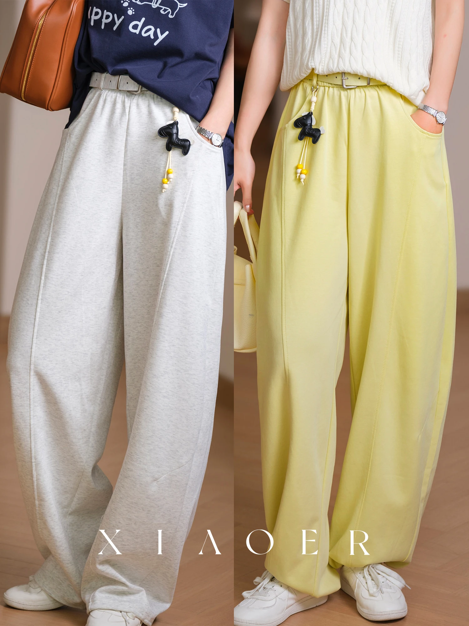 

Casual Cotton Elastic Waist Pants with Pendant Belt Mambu Cotton Tailored ape Loose Fit Ladies Casual Trousers