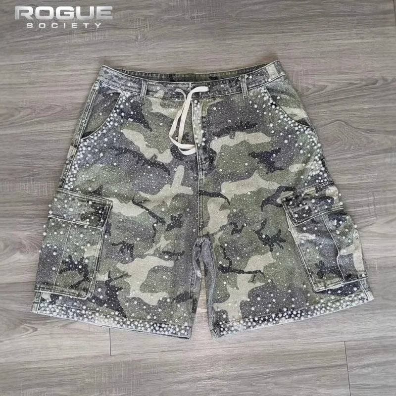 

Baggy Loosefit Bermuda Shorts Male American Vintage Distressed Rhinestone Denim Men Summer Casual Street Y2k Denimshorts Outfit