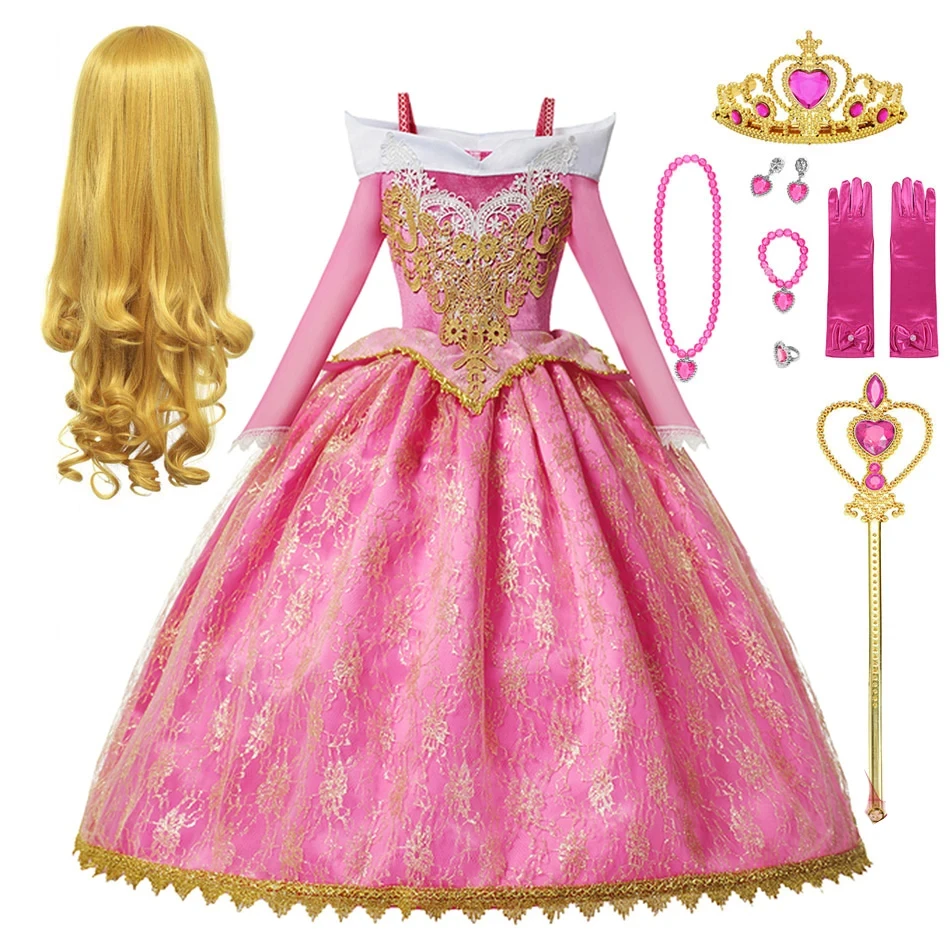 Disney Princess Dress Suit Charm for Girls Cosplay Cinderella Belle Aurora Snow White Mesh Ball Gown Carnival Birthday Costume