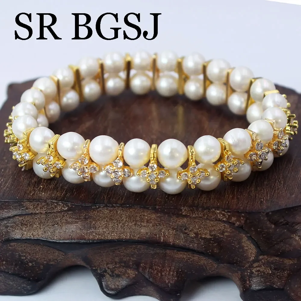 7-8 بوصة 2-صف 7-8 مللي متر جولة اديسون المياه العذبة الطبيعية حبات اللؤلؤ الأبيض قابل للتعديل النساء مجوهرات سوار مرن