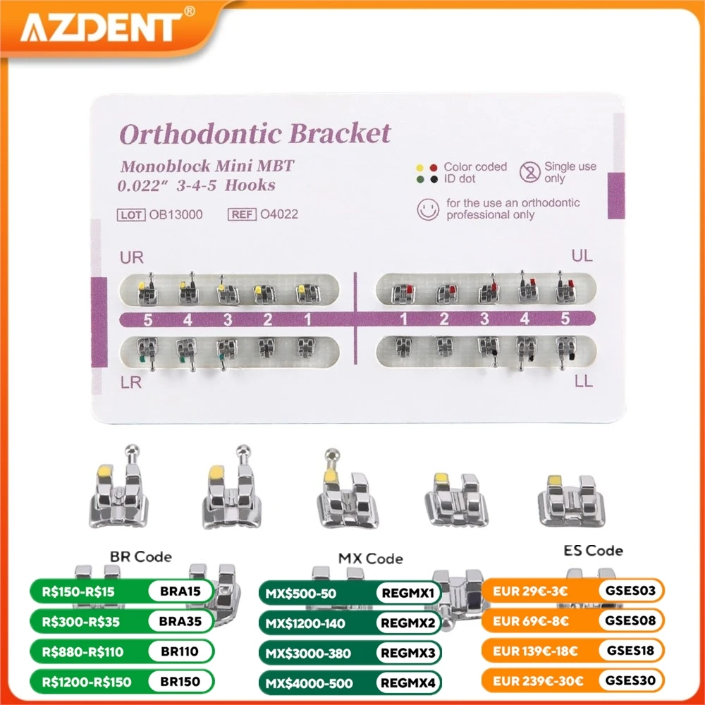 20pcs/Pack Dental Orthodontic Brackets AZDENT MIM Monoblock Braces Mini Roth/MBT 0.022/0.018 with 3-4-5 Hooks