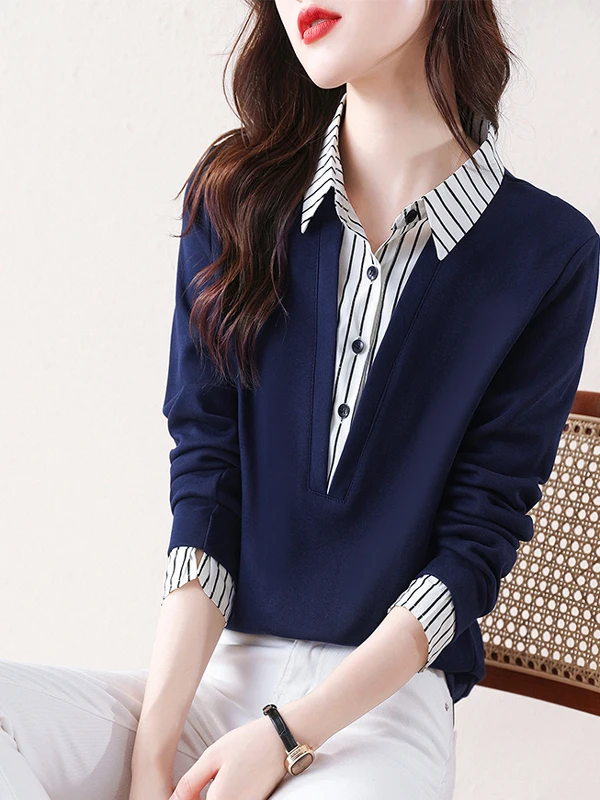 2025 خريف جديد مخطط الربط بأكمام طويلة القطن الخالص قميص بولو طوق وهمية قطعتين هوديي #1