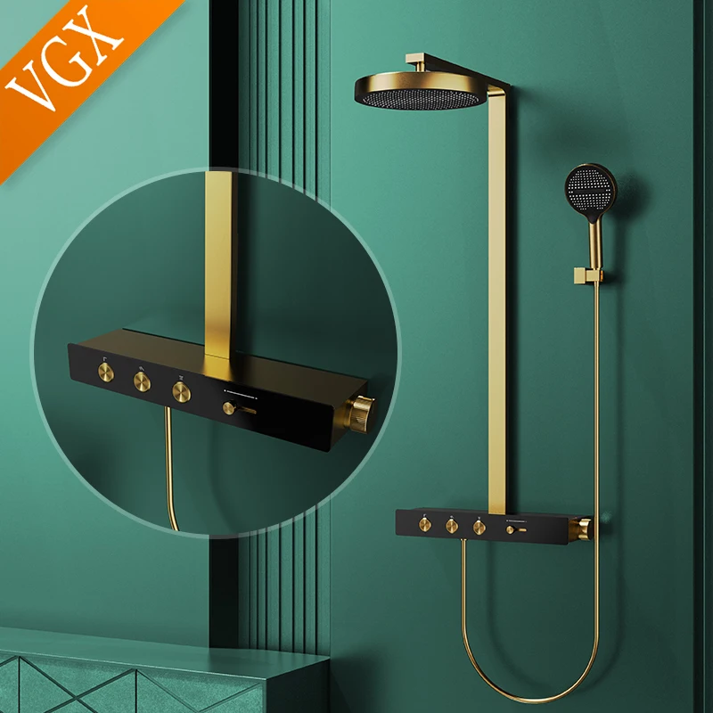 VGX Thermostatic Shower System Set Luxury Concealed Bathroom Shower Set Brass Rainfall Shower Head Set Gold Shower Faucet Set