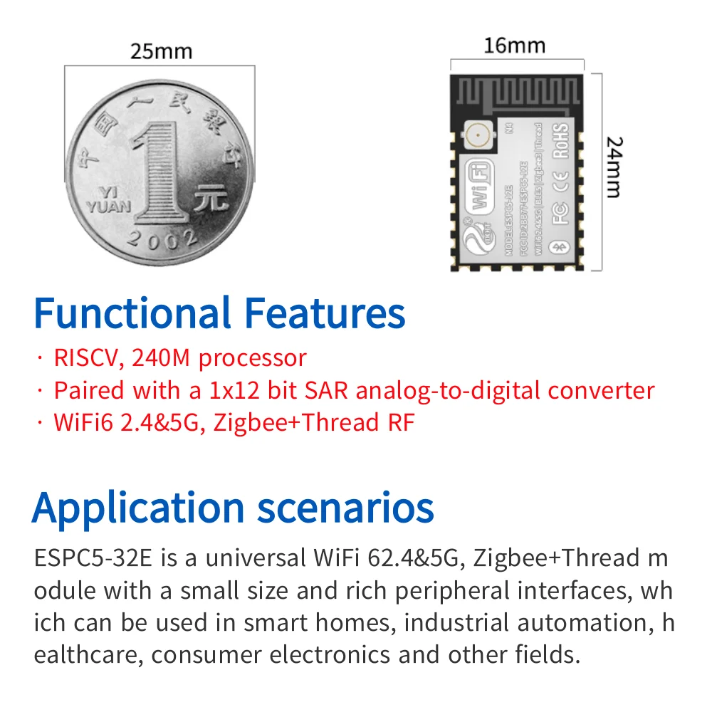 ESP32-C5 ESPC5-32E Module WiFi 6 2.4G+5G+BLE Compatible with C5-1U Module