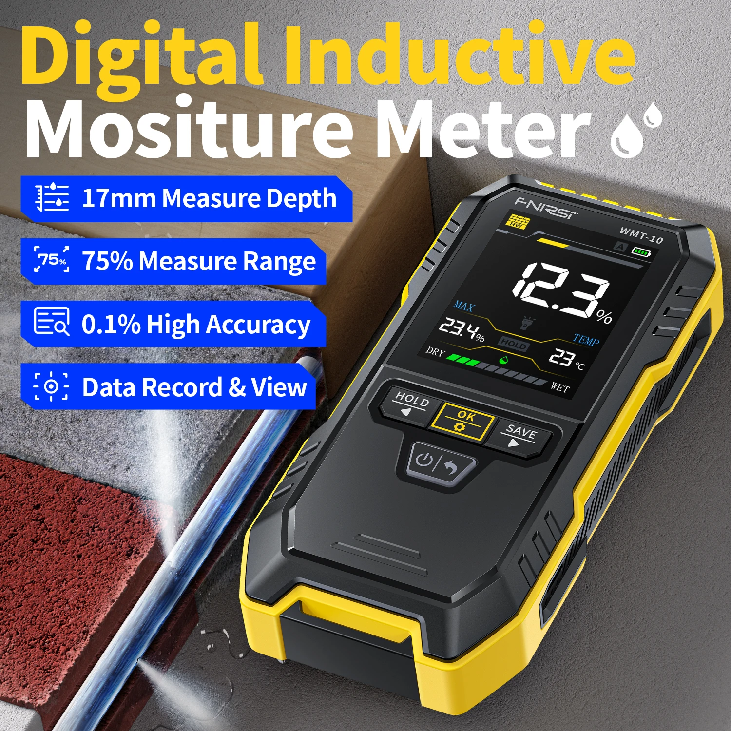 FNIRSI 4 IN 1 Inductive Wood Moisture Meter Hygrometer Non-contact Timber Damp Wall Detector Non-destructive Humidity WMT-10