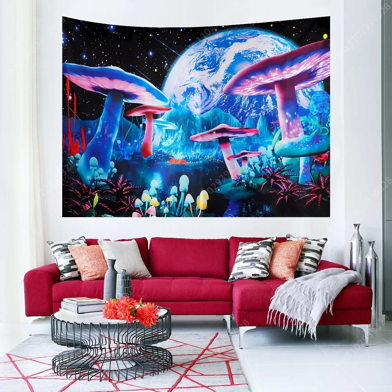 Mushroom Forest River UV Reactive Tapestry Psychedelic Starry Night Sky Plant Landscape Wall Hanging  for Bedroom Aesthetic