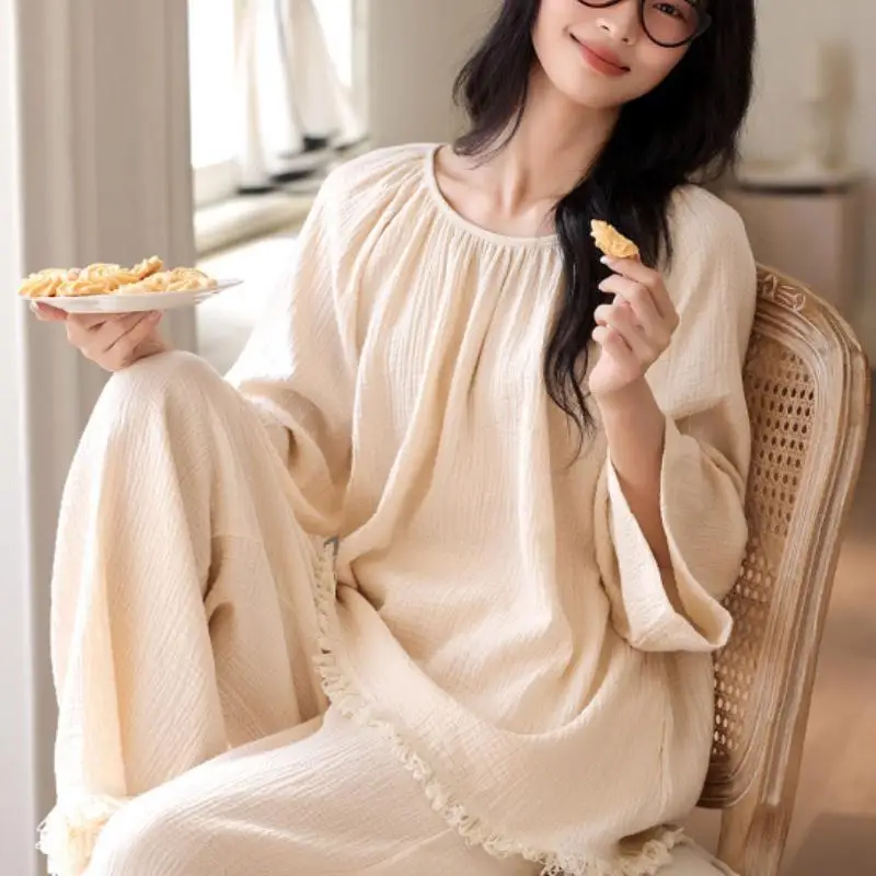 Women's Long Sleeved Long Pant Pajama Set for Students Spring Autumn New Styles Japanese Loose Home Clothes Cotton Two-Piece Set 2