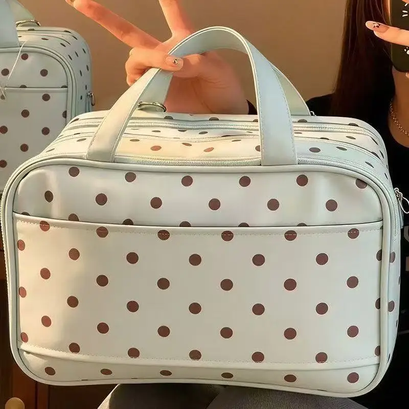 Koreanischer Stil, Minzfarbene Kaffeetasse mit Punkten, Kosmetiktasche, dreilagiger Organizer mit großem Fassungsvermögen, Reise-Toilettentasche, kann am Gepäck befestigt werden, Geschenk. – Detail 6