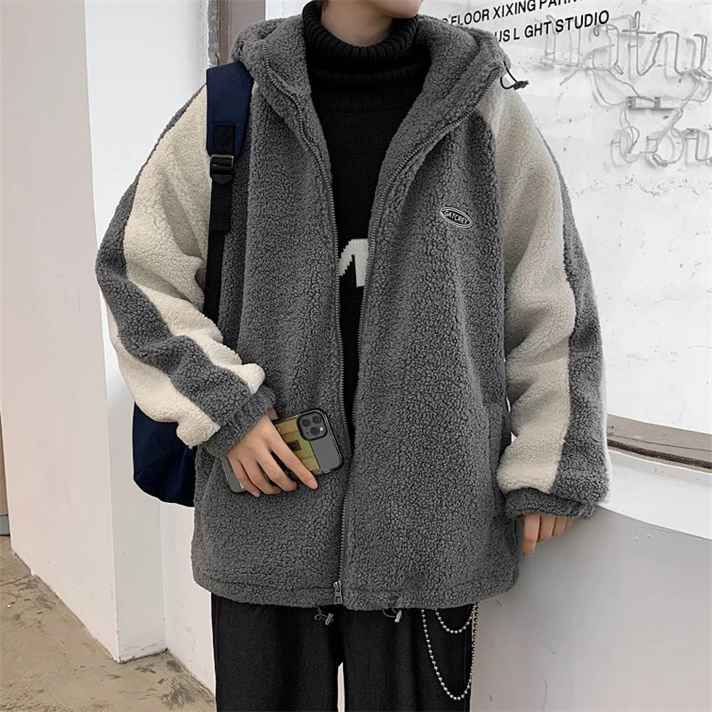 

Winter Warm Men Coats Casual Polar Fleece Hooded Jacket Coats Comfort Loose Patchwork Coats Male Hoodies Outerwear 2022