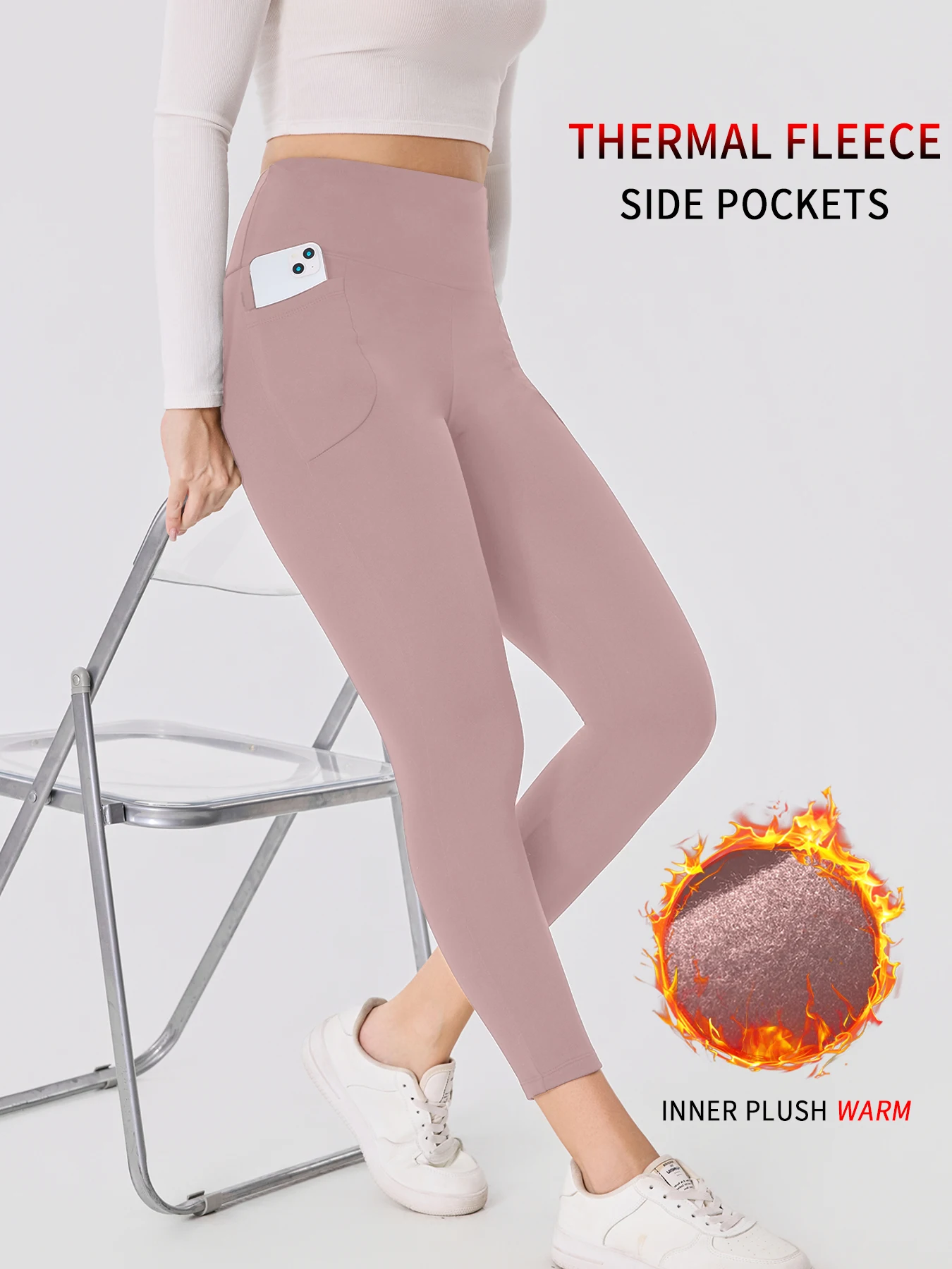 Women's Fleece Lined Winter Leggings with Pockets - High Waisted Thermal Tummy Control Thick Warm Tights for Workout Running