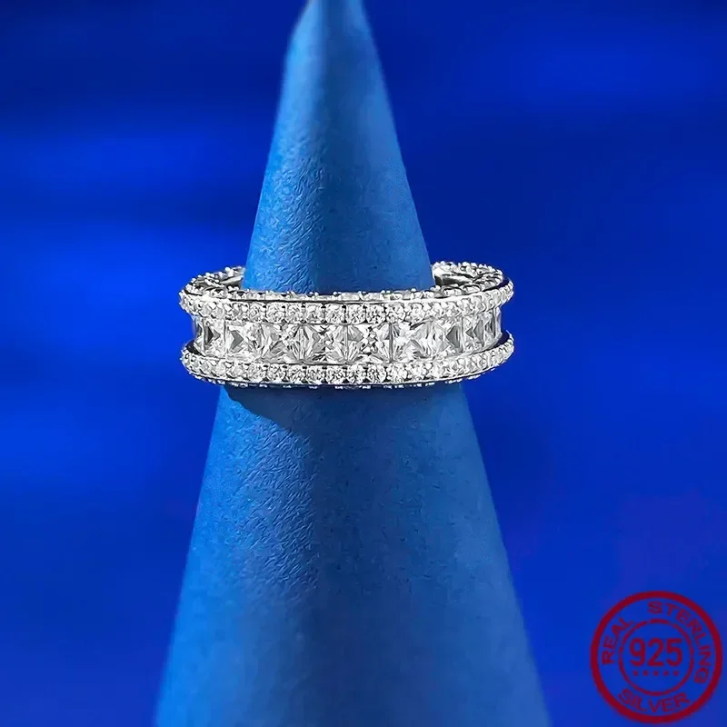Yaranyan 925 Sterling Silver Princess Cut Lab Sapphire High Carbon Diamond Gemstone Wedding Band Engagement Ring Fine Jewelry