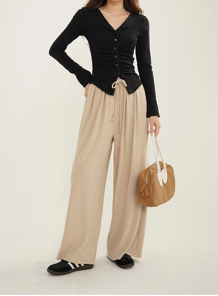 Relaxed Straight Leg Lounge Pants Women High Waist Draped Wide Leg Sweatpants Casual Loose Elastic Waist Lady Spring Daily Wear