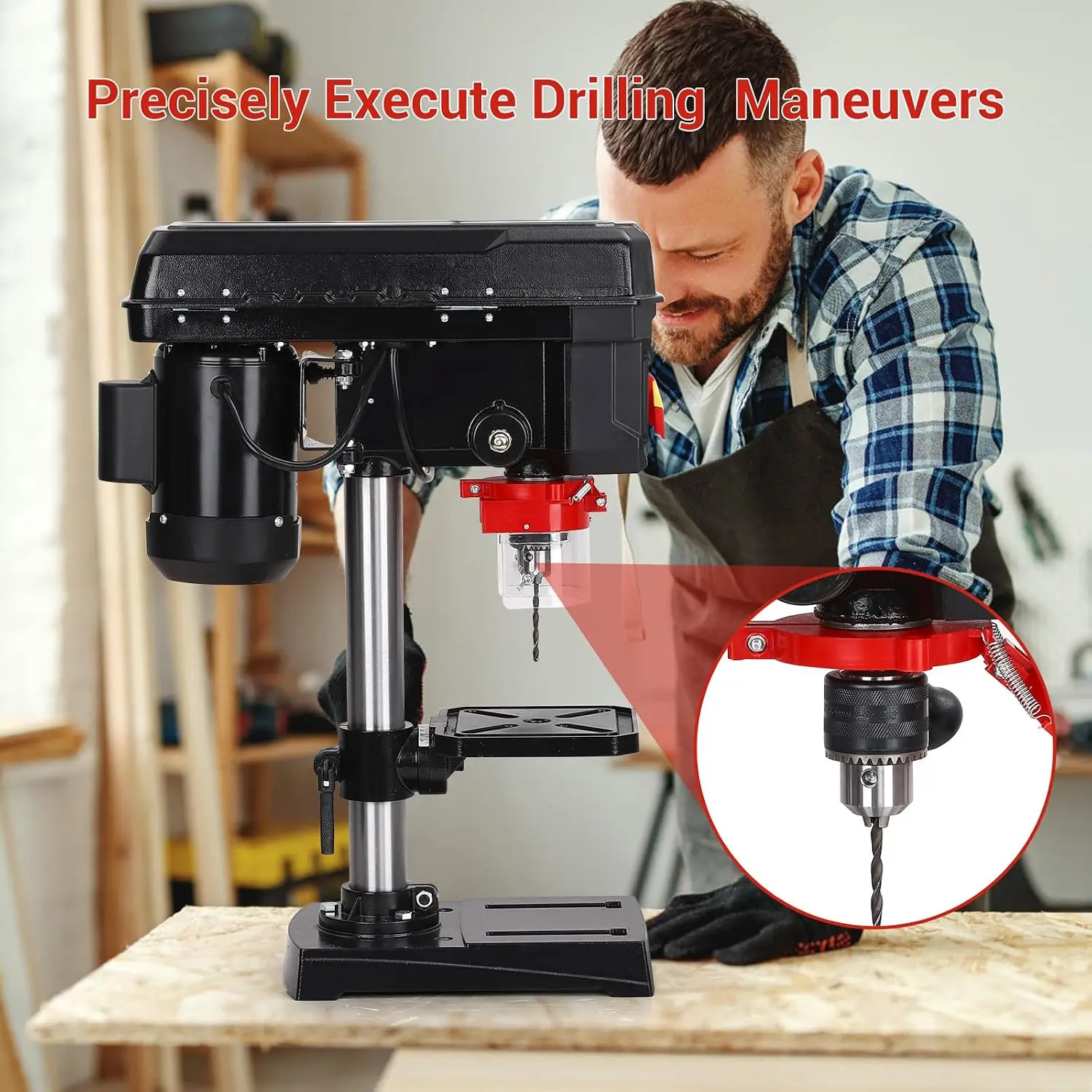 Garvee 8-Inch 5-Speed Benchtop Drill Press Drilling Machine with Laser Guide LED Work Light 0-45° Tilting Worktable & Depth Stop 2.3-Amp Induction Motor for Wood Metal
