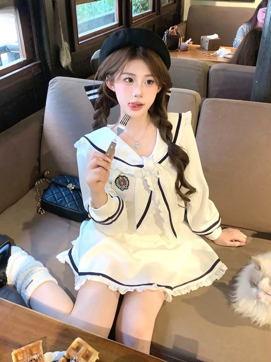 Branco doce menina jk uniforme terno estilo universitário gola marinha manga longa topo e cintura alta saia curta inchada conjunto de duas peças