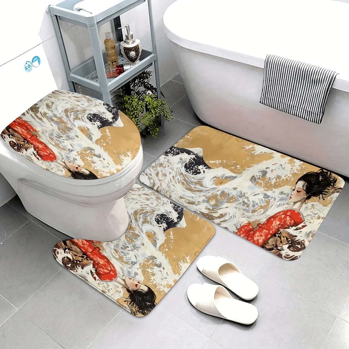

Набор из 3 весенних ковриков для ванной комнаты Ukiyoe Kimono South, нескользящий напольный коврик, коврик для ванной комнаты, U-образный коврик для унитаза, чехол на сиденье унитаза