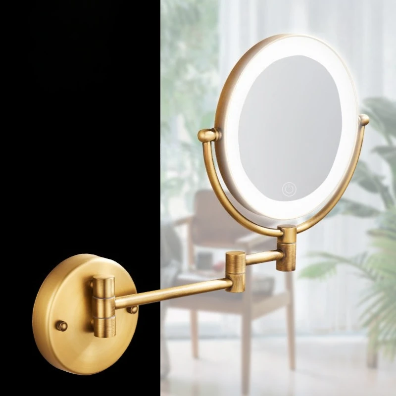 Solid Copper Antique Touch Vanity,Drill-free Wall Mounted Foldable Tray,Flat&3x Magnifying Plate,Toilet LED Beauty Accessory