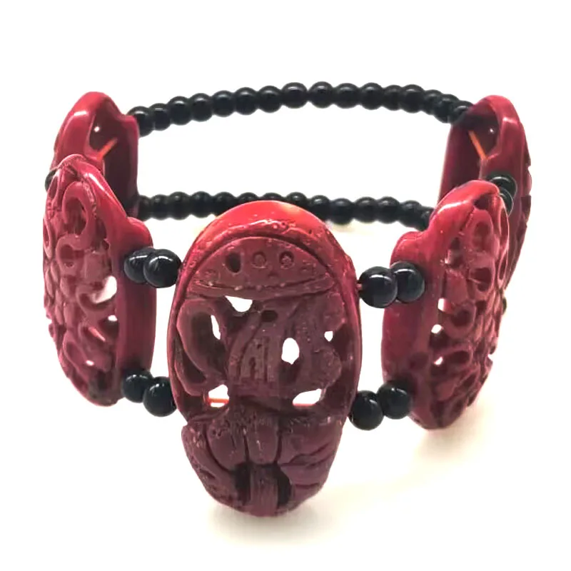 7 inches Stretch 20*30mm Red Flat Hollow out Flower Hand Carved Natural Coral Bracelet