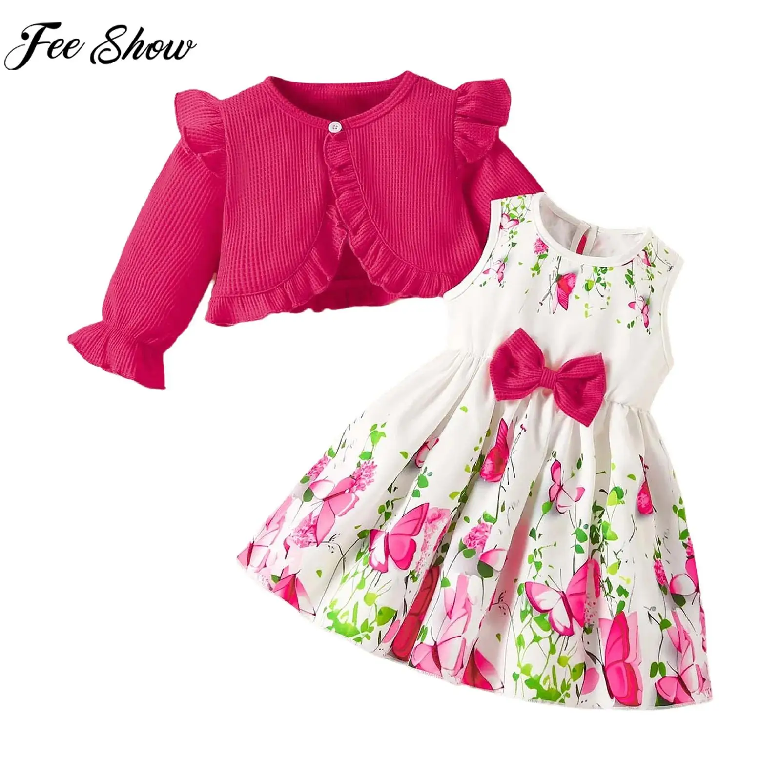 

Toddler Girls Sweet Cute Outfit Long Sleeve Cardigan with Sleeveless Bowknot Floral Dress Spring Autumn Costume for Daily Party
