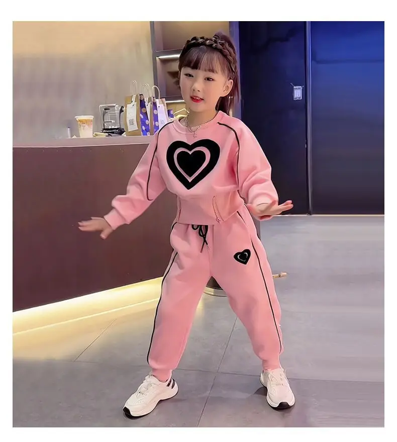 

spring autumn teenage girl clothes set heart shaped pateern leggings and solid top and bottom 2piece casual sweatsshit pvllover