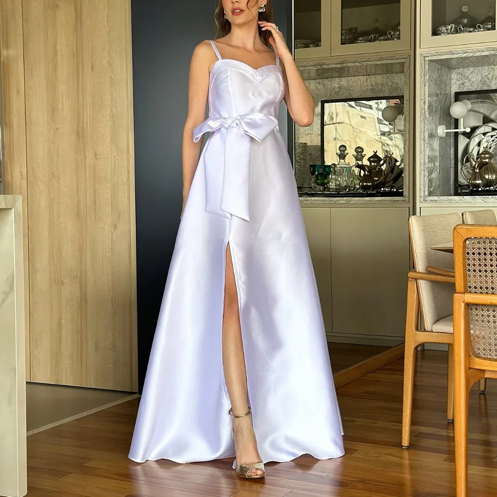 

Customized A-Line Prom Dresses Floor-Length Spaghetti Strap Sleeveless Evening Gown Fashion Bow Backless Lace-Up Party Gown