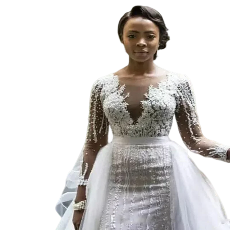 

Customized Mermaid Nigerian Long Sleeves Pearls Wedding Dresses South African Black Girls Garden Country Church Bride Bridal Gow