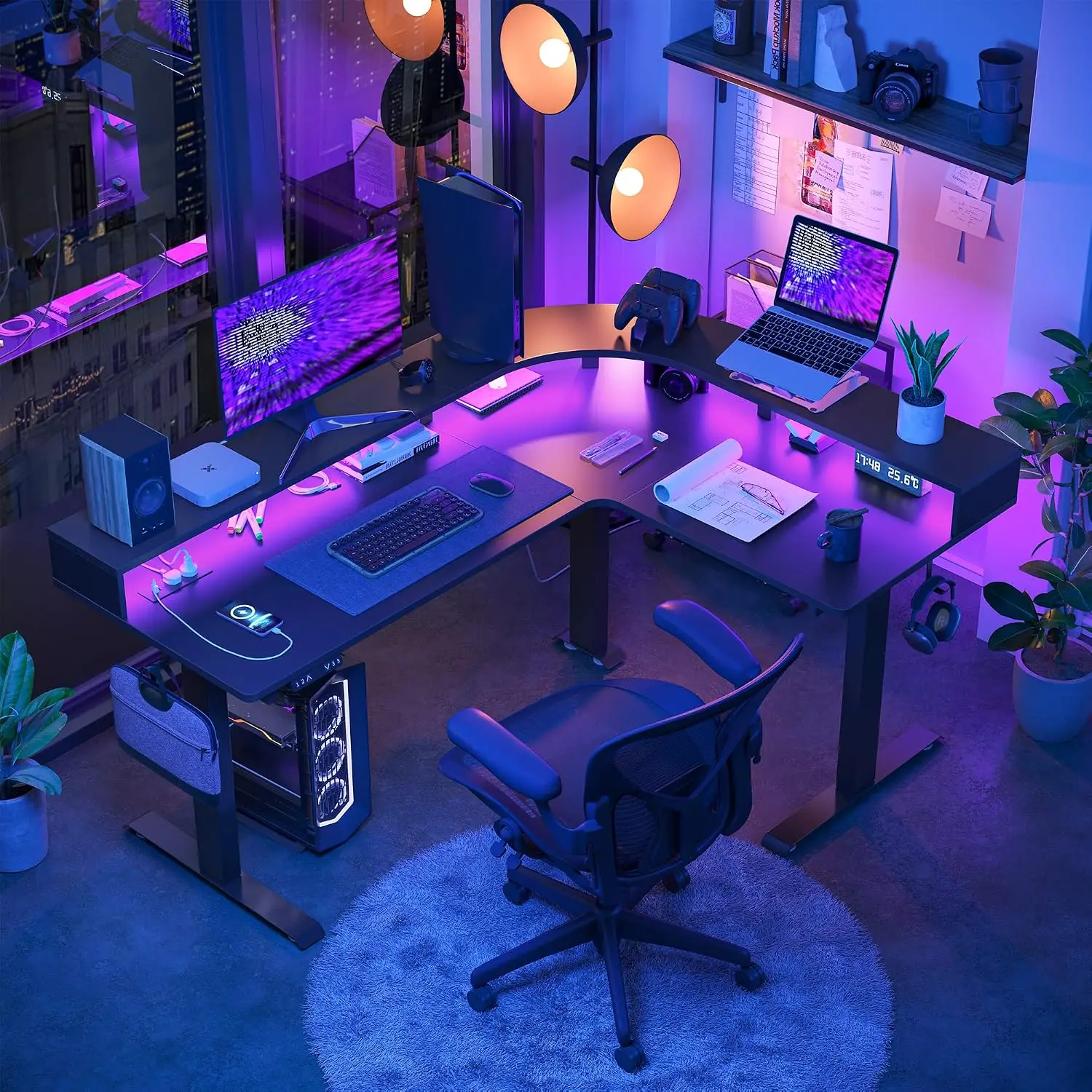 L Shaped Standing Desk LED & Power Outlet, Triple Motor 330LBS, Electric Height Adjustable, Gaming Office, Customized