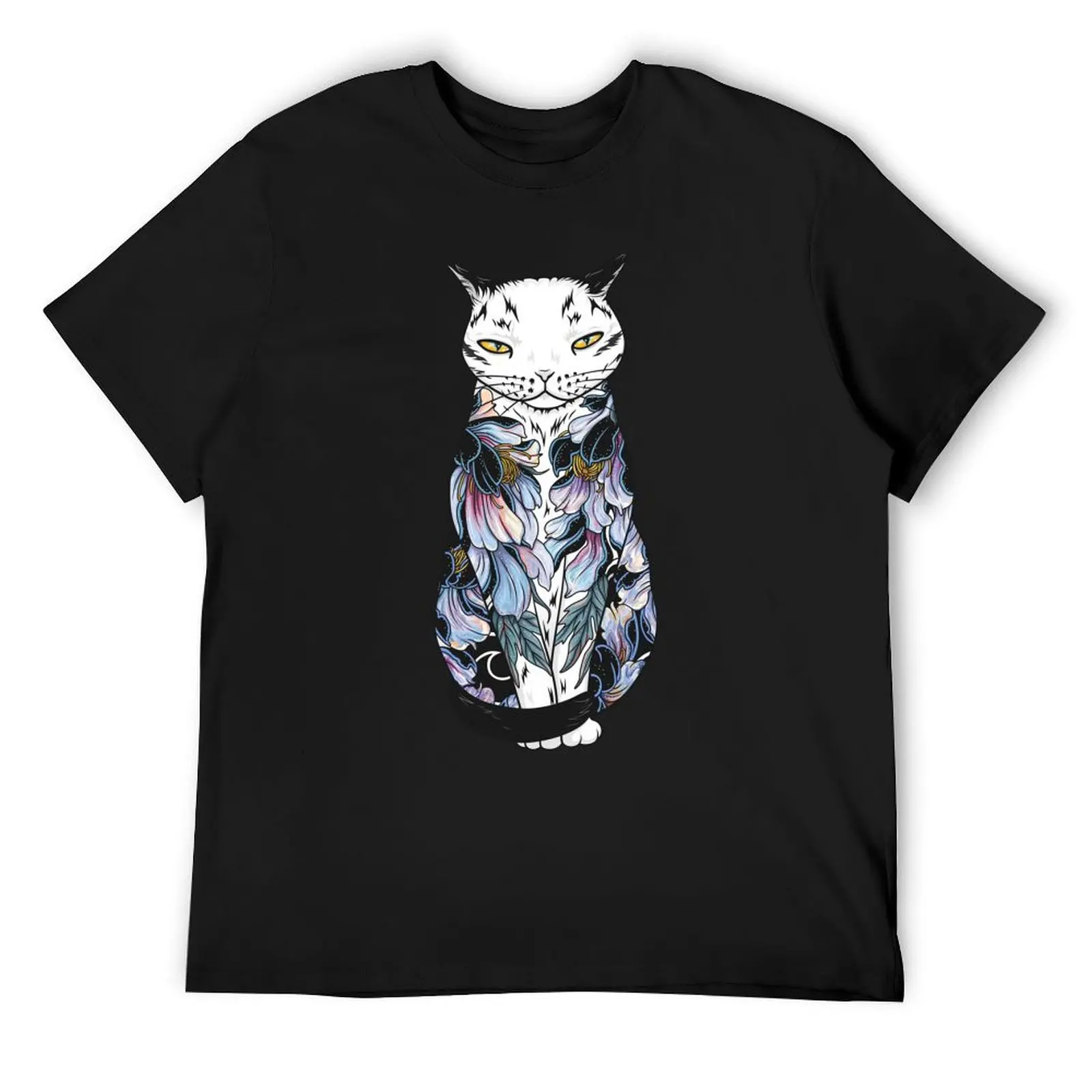 

Cat in cosmic black peonies tattoo T-Shirt hippie clothes clothes oversizeds tee shirts for men