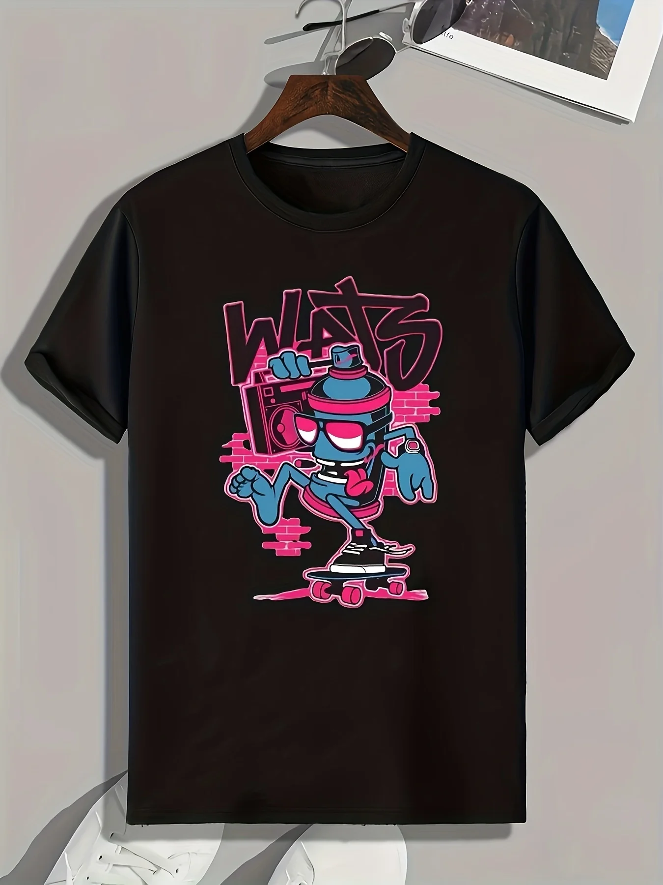 Cartoon Going Skateboarding Print, Men's Graphic T-shirt, Casual Comfy Tees For Summer, Mens Clothing