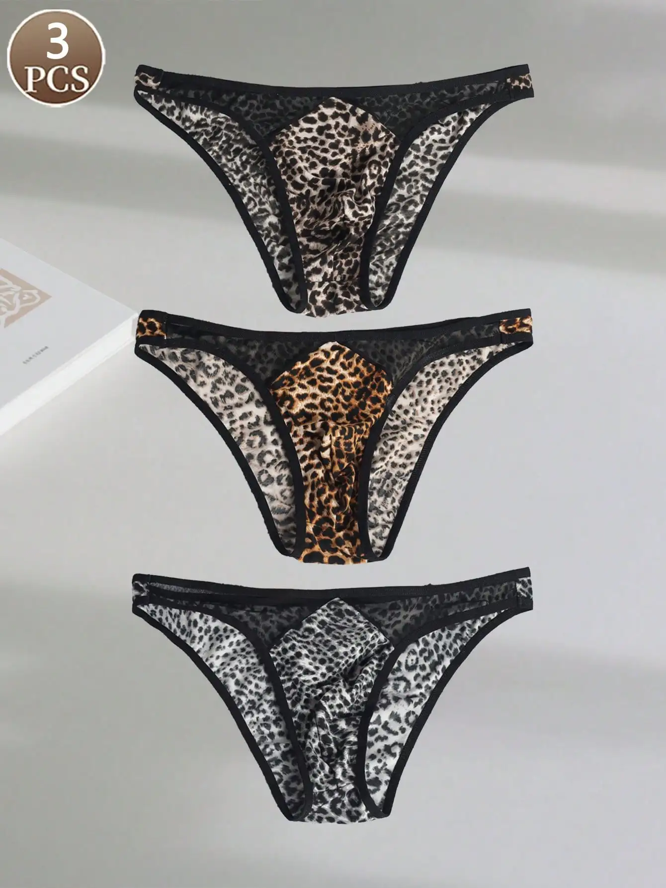 

3PCS Basic casual sports knit fabric soft leopard print low waist Men's quick drying fashion sexy mesh splicing brief