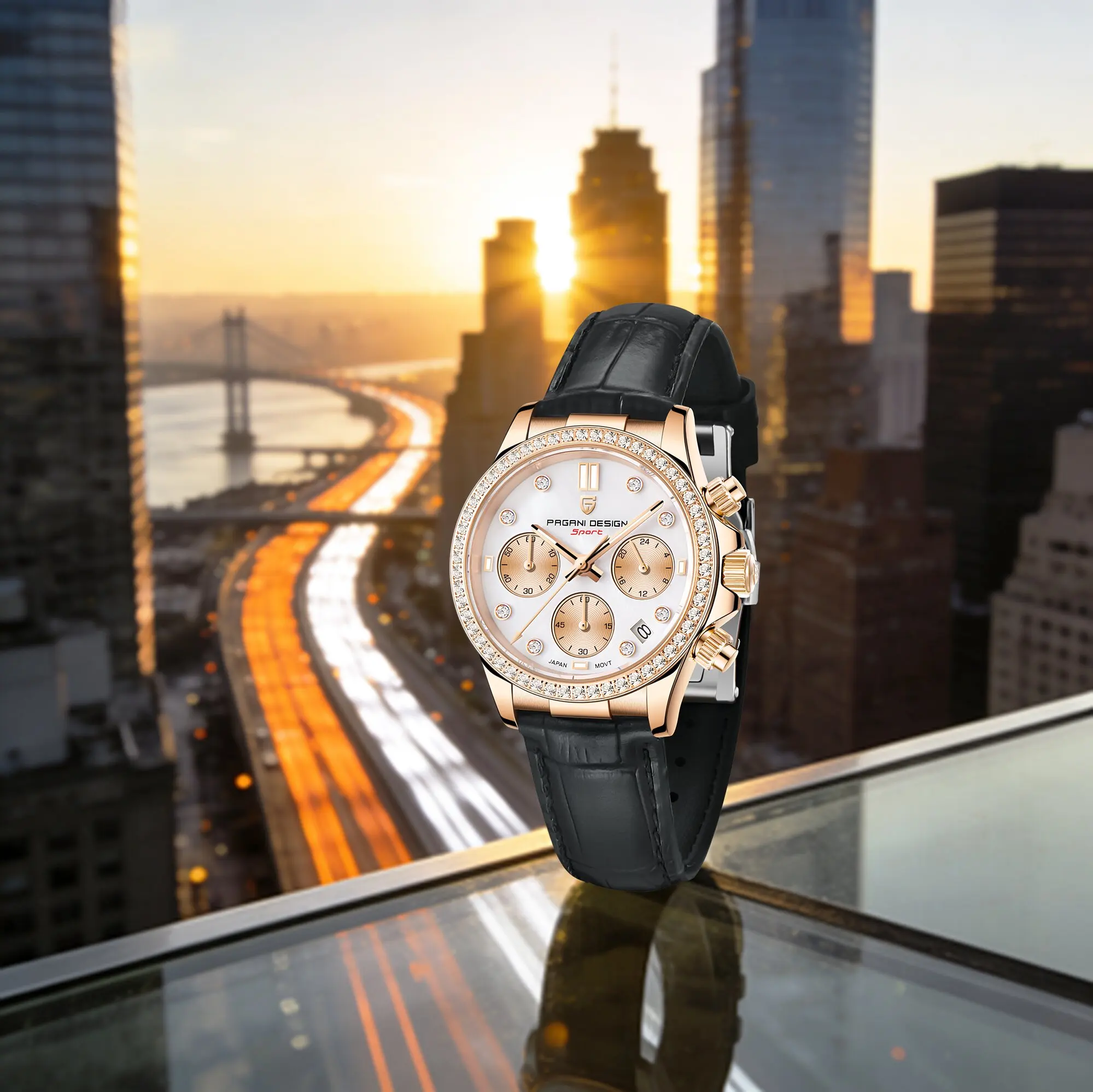 

PAGANI DESIGN Ladies Quartz Watch 36mm Light Luxury Exquisite Ladies Style Diamond Embellished Sapphire Glass Mirror Chronograph