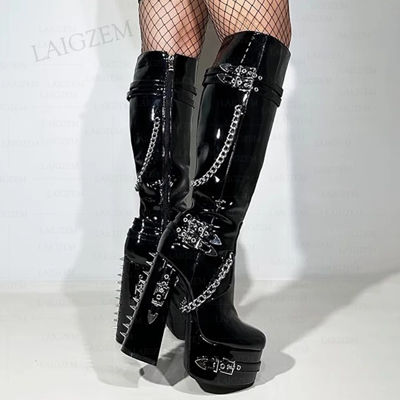 ZHIMA Women Knee High Boots Round Toe Platform Chains Studded Zip Up Chunky Thick High Heels Shoes Woman Plus Size 43 45 47 52